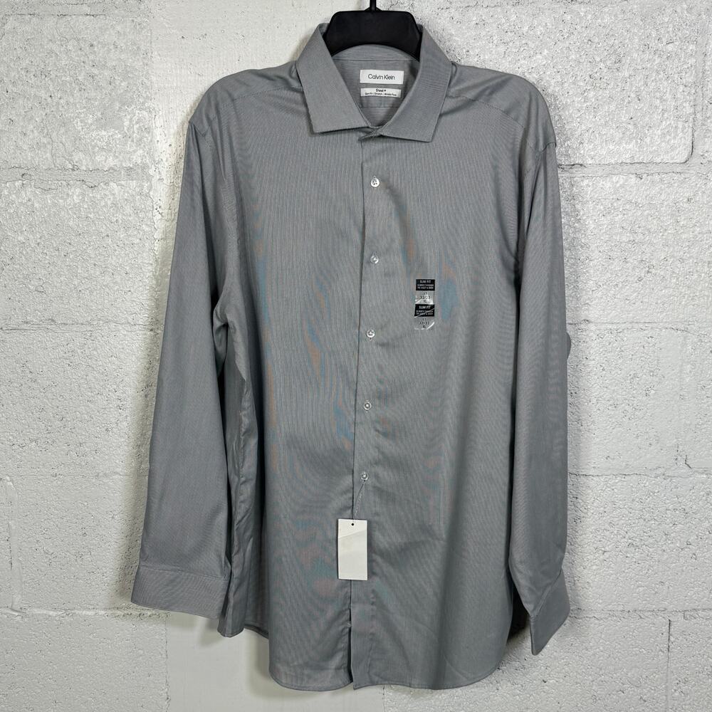 Calvin Klein Steel Men's Slim-Fit Non-Iron Stretch Dress Shirt Grey 17 32-33 $85
